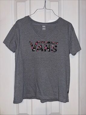Vans Gray V-Neck Tee with Pink Floral Logo